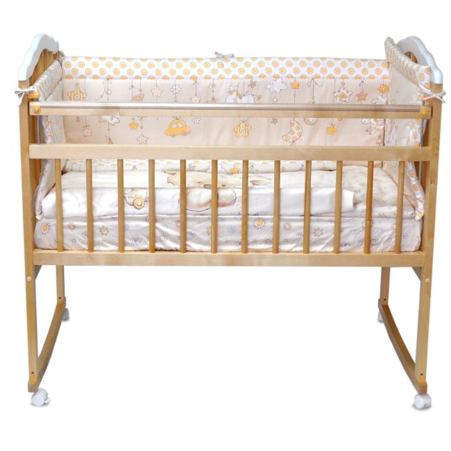 Кроватка MALIKA «Melisa-2 LUX» колесо-качалка без ящика, натуральный лак-белый